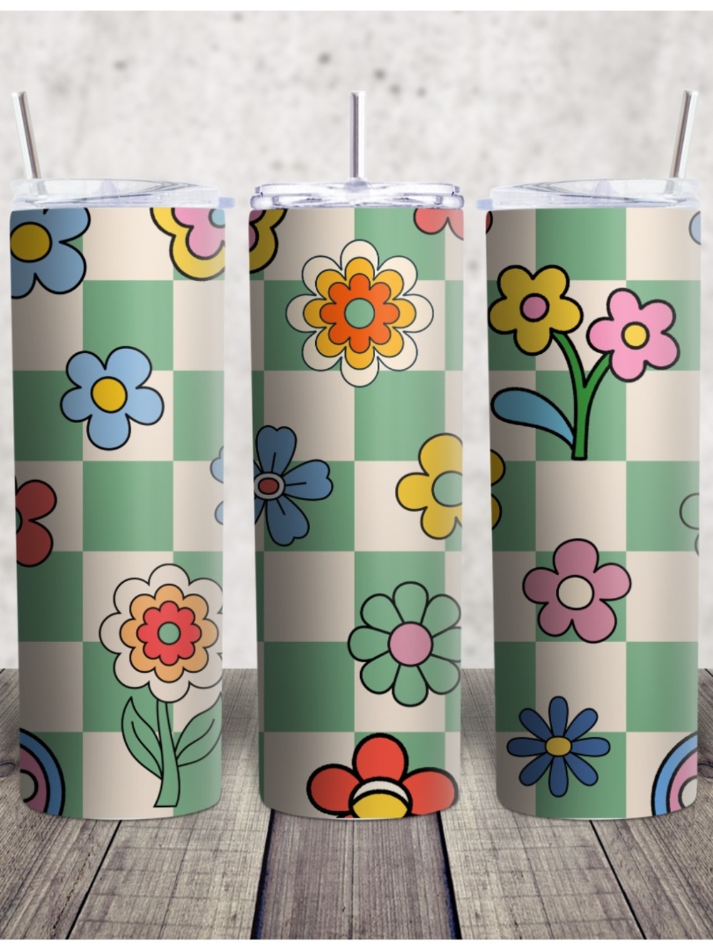 Hand Crafted Green Checkerboard Floral Tumbler